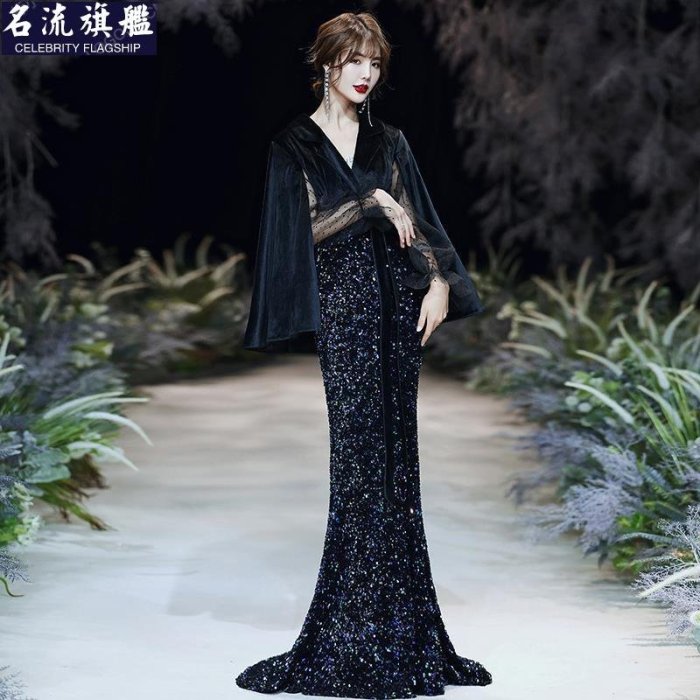 黑色晚禮服裙女2021新款高級大氣宴會氣質高貴年會禮服魚尾洋裝名流