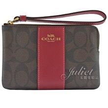 【茱麗葉精品】全新精品 COACH 專櫃商品 58035 馬車LOGO條紋皮革PVC零錢手拿包.深咖/紅 現貨