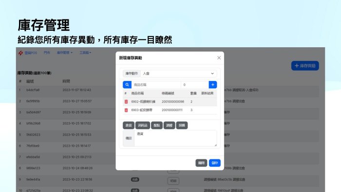庫存管理雲端POS,紀錄您所有庫存異動，所有庫存一目瞭然.