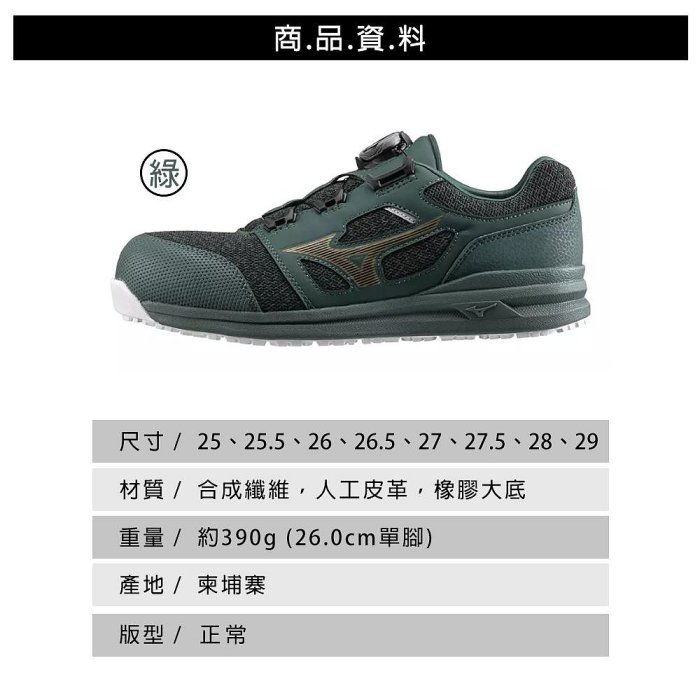 防護鞋【鞋鞋俱樂部】【232-F1GA225233】美津濃 MIZUNO LS II BOA 旋鈕 寬楦 塑鋼防護鞋 男鞋．綠色