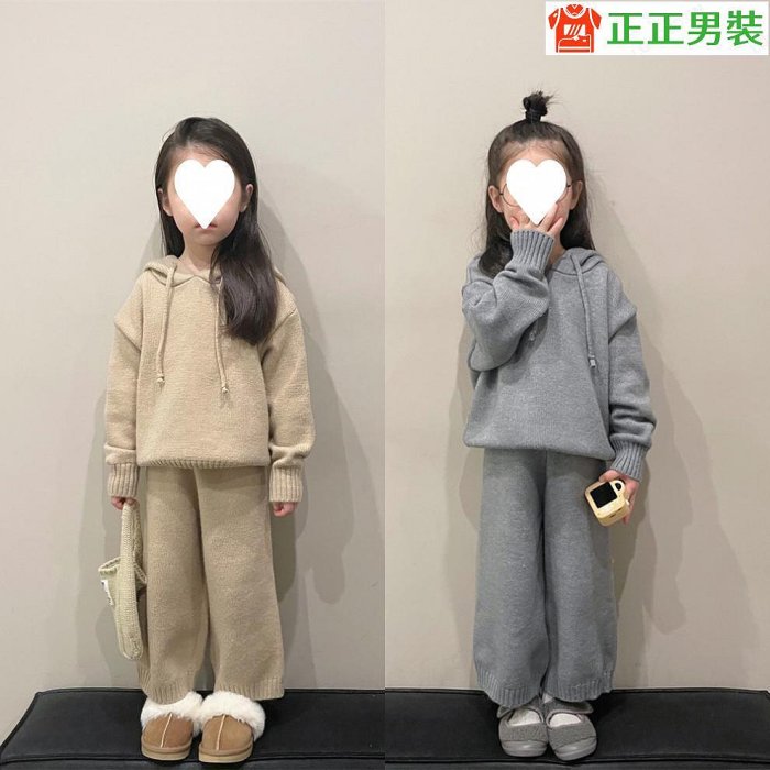 中小童韓國童裝兒童毛衣套裝2024冬季男女童加厚連帽針織兩件套~正正男裝