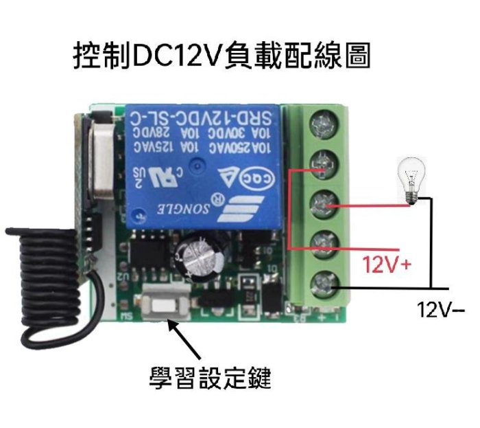 DC12V無線遙控開關 頻率穩定抗干擾 LED遙控開關 汽車暗鎖 機車防盜暗鎖 無線接收開關模組