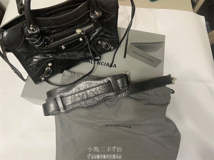 小甄二手BALENCIAGA 巴黎世家 mini city 黑色 新款 銀釦 機車包 300295 爆裂山羊皮