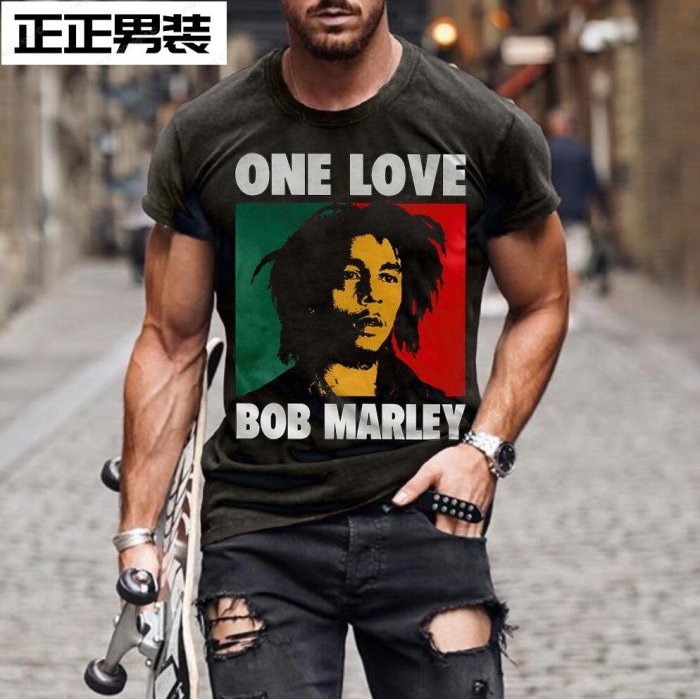 2023歐美外貿夏季新款BobMarley圖案3D數碼印花男裝短袖T恤-正正男裝