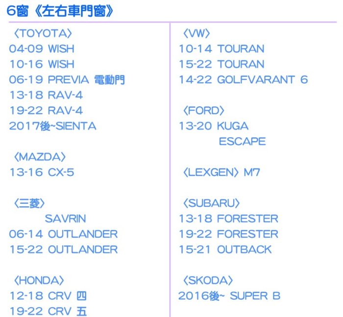 Tailor 太樂 (六窗) RAV-4 WISH OUTLANDER  TOURAN CRV GOLF-VARIANT