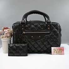 優買二手精品名牌店 BALENCIAGA 168031 巴黎世家 黑色水洗羊皮菱格紋銀釦 手提包機車包泡泡包空氣包保齡球包拉鍊包 美品