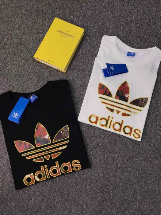 adidas易烊千璽同款鎏金花卉日情侶T恤