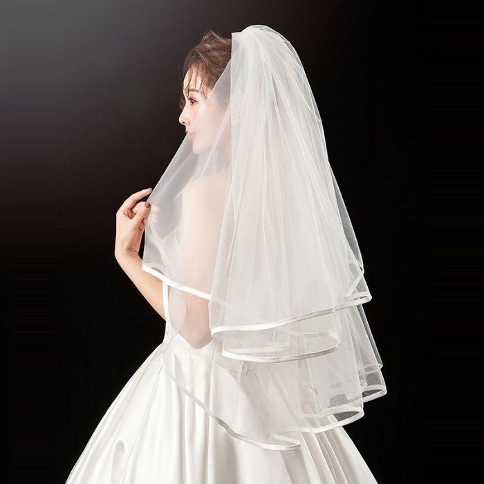 頭紗韓式新娘蓬蓬頭紗多層婚紗新款結婚包邊頭紗簡約短款韓式旅拍頭紗,特價