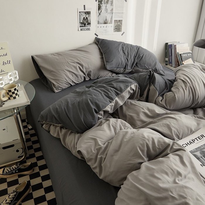 Muyan- 簡約床包四件組 灰色床包/單人床包 雙人床包 加大床包組 拼色親膚磨毛水洗棉床包