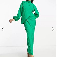 (嫻嫻屋) 英國ASOS-綠色高領垂墜肩部氣球袖長裙洋裝禮服EC23