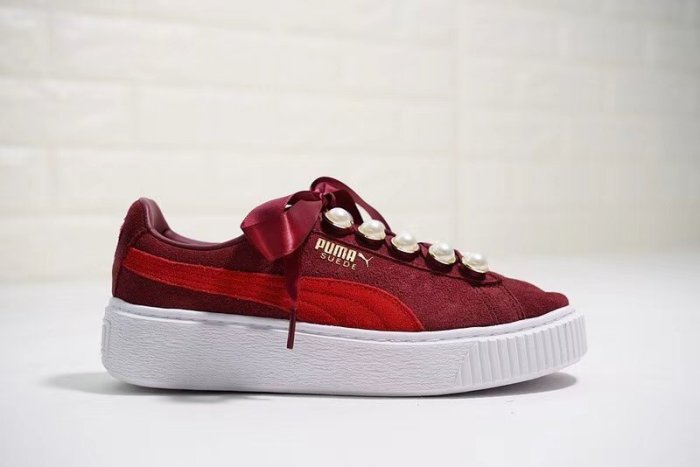 Puma basket platform metallic珍珠絲帶厚底松糕休閑板鞋“酒紅珍珠”366688-03