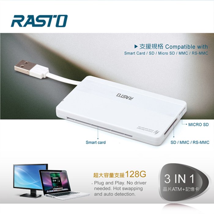 【RASTO】RT4 超薄型晶片ATM+記憶卡複合讀卡機 ATM晶片卡+ SD記憶卡 +Micro SD.