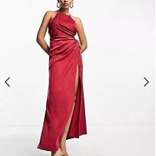 (嫻嫻屋) 英國ASOS-酒紅色鍛面削肩領無袖鏤空背長裙洋裝禮服EI23