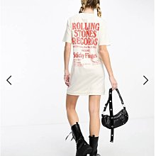 (嫻嫻屋) 英國ASOS-COLLUSION授權 T 卹滾石樂隊印花米色圓領T恤洋裝EG23