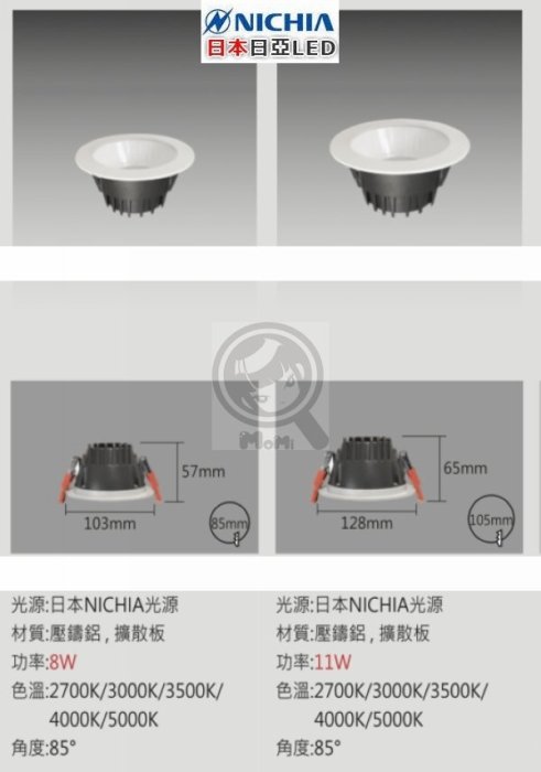 崁燈 日本 NICHIA防眩光內縮極深凹 孔 10.5cm 8.5cm 12W 可改可調光☀MoMi高亮度LED台灣製☀