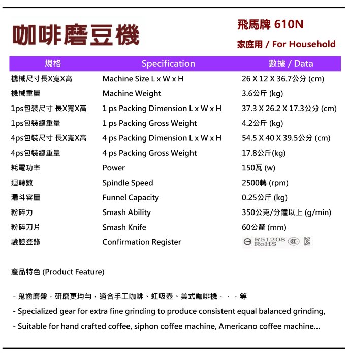 楊家 飛馬牌 610N 小飛馬 咖啡磨豆機 黑色 鬼齒刀盤 610 飛馬 電動磨豆機 Coffee Grinder