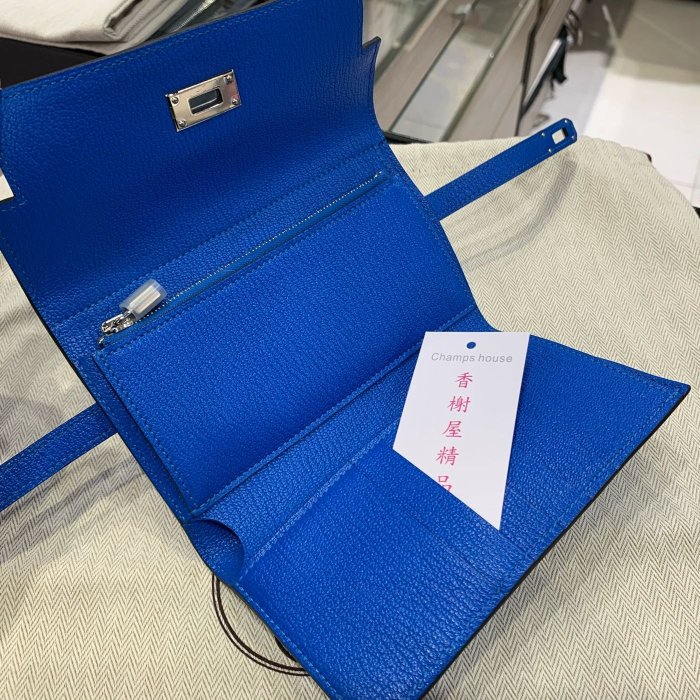 ** 香榭屋精品店 ** HERMES Kelly A刻 愛馬仕藍色牛皮銀釦凱莉中夾 皮夾 (XB8066)