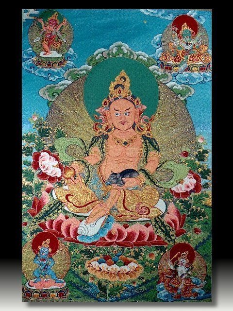 【 金王記拍寶網 】S639 中國西藏藏密佛像刺繡唐卡 黃財神 密宗唐卡一張 完美罕見~