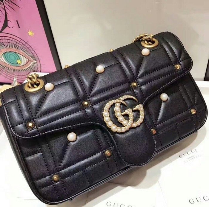 Gucci 443497 GG Marmont matelassé shoulder bag 中型鍊帶肩背包 黑