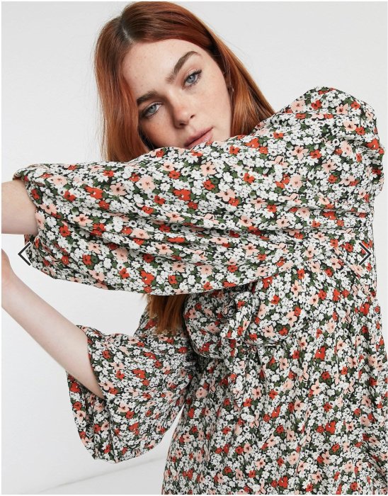 (嫻嫻屋) 英國ASOS-Urban Bliss優雅時尚名媛綁帶心型領口蓬蓬袖寬鬆造型裙洋裝 現貨UK10