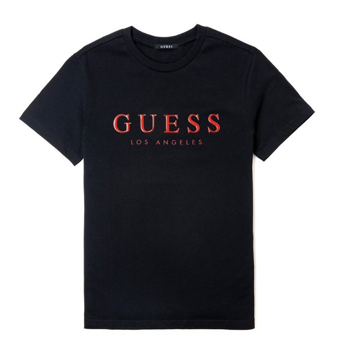 美國百分百【全新真品】Guess T恤 T-shirt 短袖 短T U領 浮雕logo 女 黑色 J342