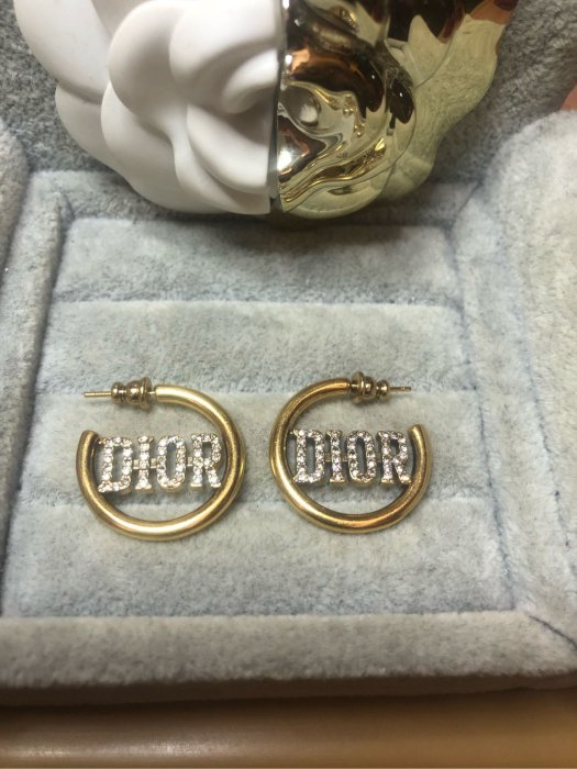 DIOR 經典 二手 C圈 logo 水鑽 復古金色 耳環