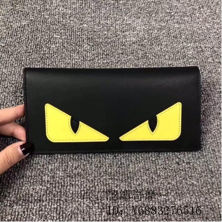 二手正品 FENDI 黑 牛皮 Wallet 黃眼 怪獸 魔魔 8卡 對開 長夾 7M0244