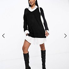 (嫻嫻屋) 英國ASOS-Missguided 白色襯衫領拼接黑色V領針織洋裝洋裝禮服EI23