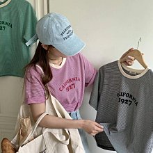 *~fuyumi boutique~*100%正韓 24S/S 簡約文青細條紋字幕短袖T恤 黑/綠/粉