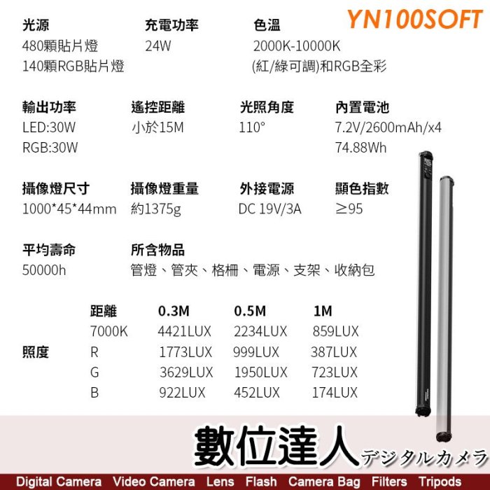 【數位達人】永諾 Yongnuo YN100 SOFT 光棒 RGB補光燈 LED手持 管燈 光劍 攝影