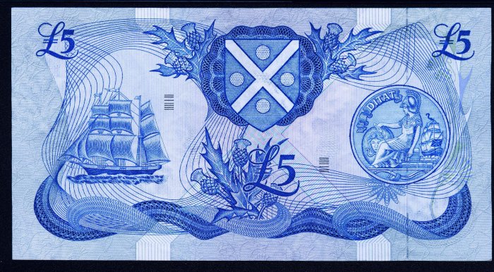 英國 蘇格蘭銀行 1973年版 5鎊 8.5成左右品相！早期年份！大票幅 紙幣 紀念鈔 紙鈔【悠然居】836