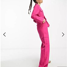 (嫻嫻屋) 英國ASOS-Extro & Vert粉紅色斜紋布襯衫領腰部綁帶口袋長褲連身褲EC23