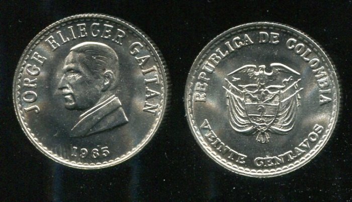 COLOMBIA 哥倫比亞 , K224 ， 20 Cents 1965 ，品相全新UNC