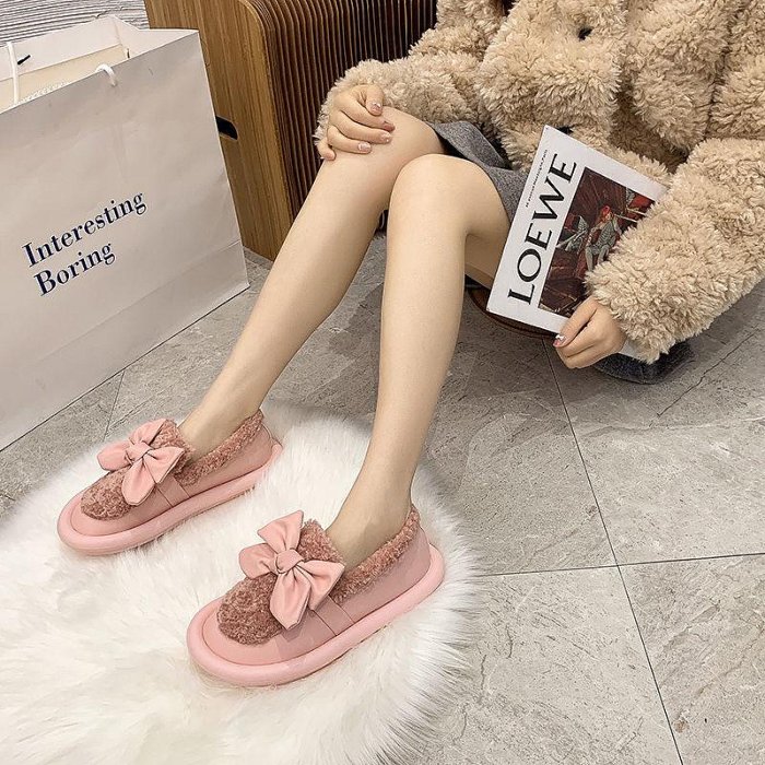 【Weiwailunbz】大尺碼女鞋包跟毛毛鞋女蝴蝶結百搭可愛少女心棉單鞋