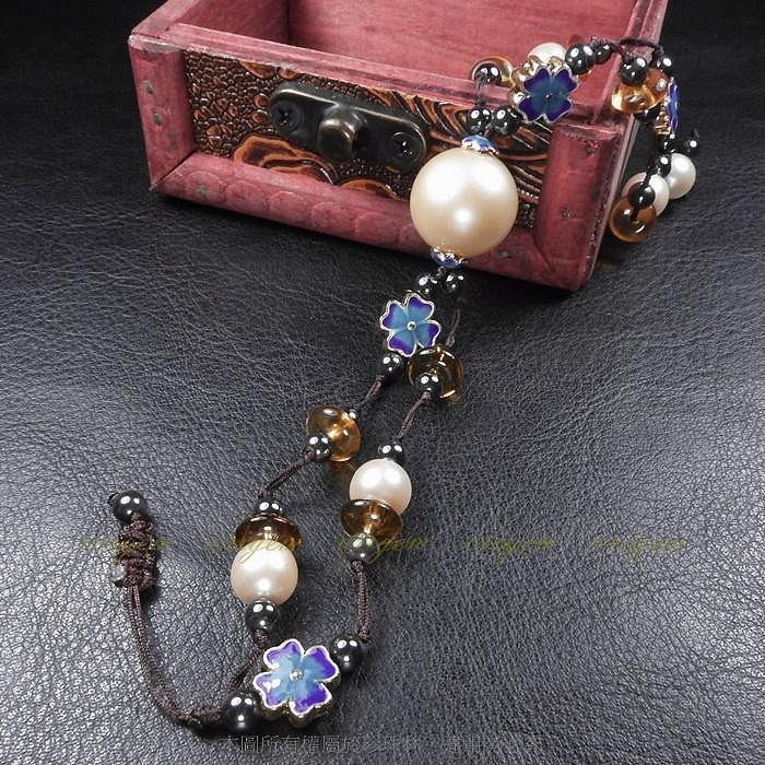 珍珠林~兩串式手鏈~白彩珍珠搭配蜜瑭璜玉、燒製琉璃珠與黑膽石#299+13
