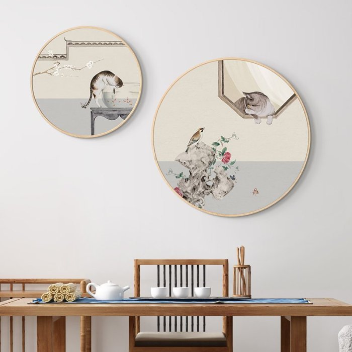 現貨：貓的憧憬玄關裝飾畫新中式餐廳客廳沙發背景墻掛畫書房茶室壁畫圓