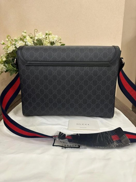 月憶精品 Gucci 古馳 黑花 雙G 郵差包 翻蓋單肩斜挎包 商務男包 公文包 474138