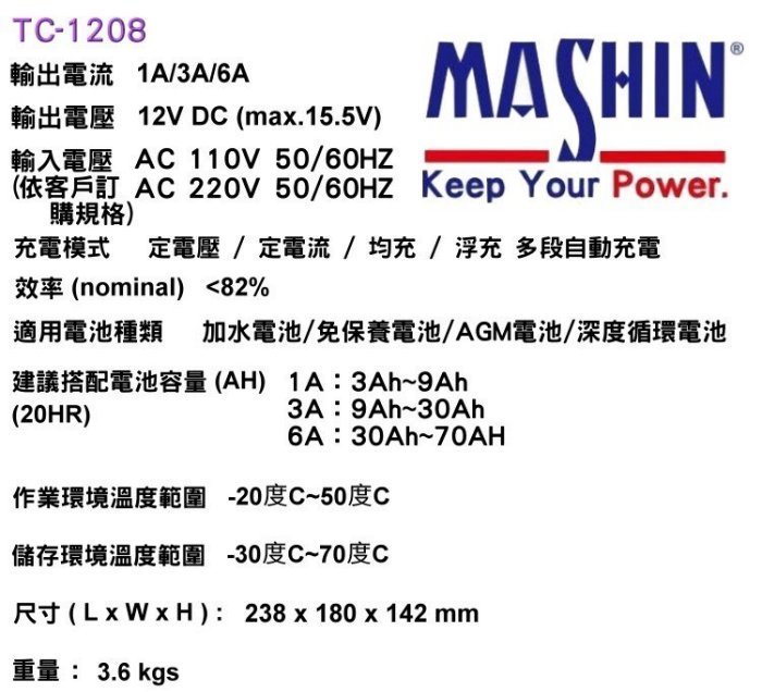 新莊【電池達人】 麻新電子 TC-1208 12V6A 電池充電器 充電機 加水型 免保養 AGM EFB GEL 適用