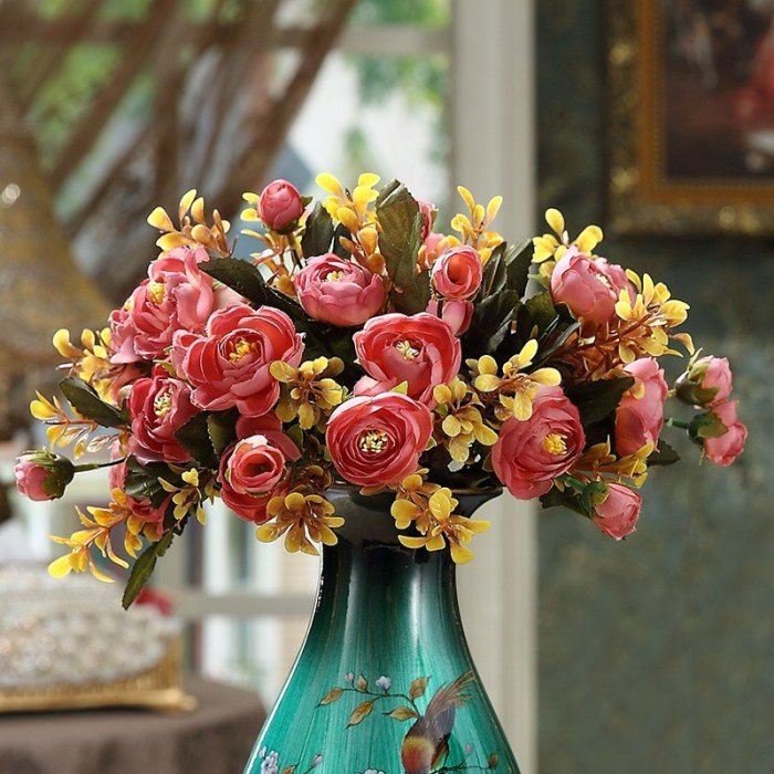 仿真花客廳擺件歐式仿真玫瑰花束裝飾布絹花客廳裝飾仿真花假花