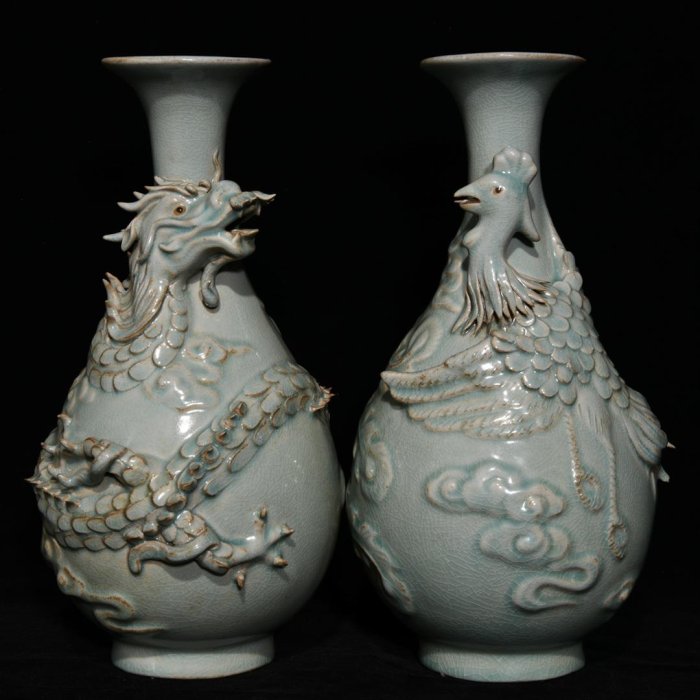 汝窯雕刻龍鳳紋玉壺春瓶，高32.5cm直徑17cm，編號14 瓷器 古瓷 古瓷器