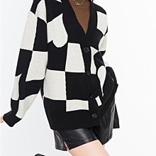 歐美 SPELL 新款 幾何愛心棋盤格紋 舒適保暖羊毛 V領外搭針織開衫外套 (G1333)