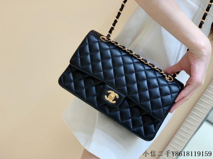 二手 Chanel香奈兒 CF25 Classic flap bag A01112黑色羊皮金扣