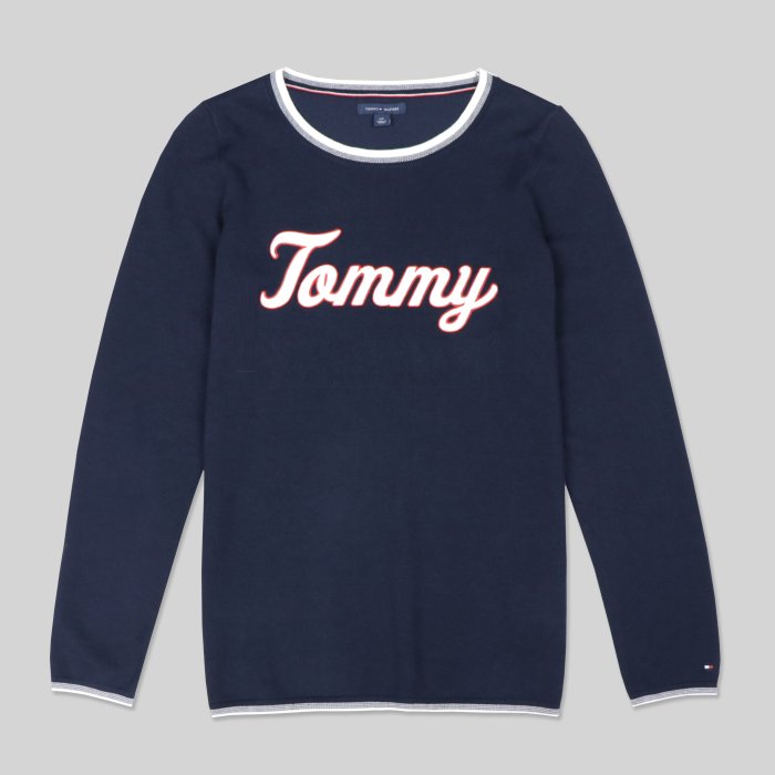 【TOMMY】【零碼L】TOMMY女款長袖圓領針織白領白繡字藍 F11200111-03