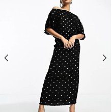 (嫻嫻屋) 英國ASOS-Never Fully優雅時尚名媛金色碎花圖案黑色細摺一字領五分袖長裙長洋裝禮服 EH23