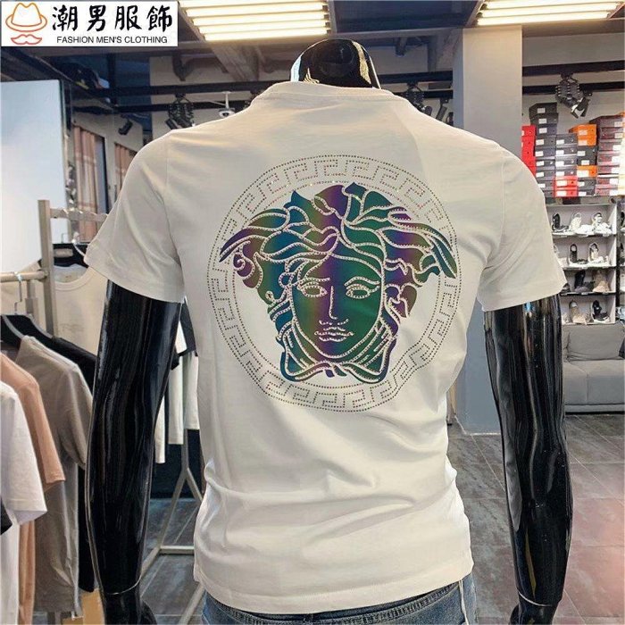 新品 【時尚歐洲站】燙鑽純棉短袖t恤男潮牌潮流ins夏季新款男士短袖上衣35.5Z-可開發票