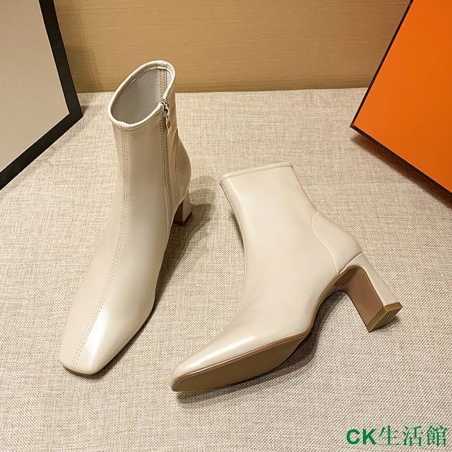 CK生活館小資格調促銷關注減20 馬丁靴女新款爆款米白色韓版粗跟瘦瘦靴法式高跟鞋方頭小短靴