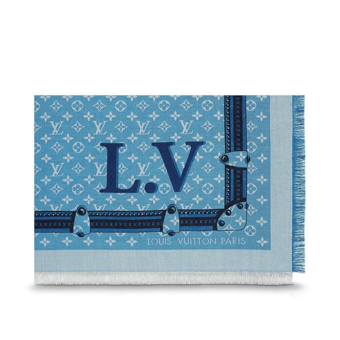 LV 水藍色 原花 MONOGRAM 雙面 logo 大型 圍巾 M70667 現貨