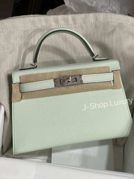 J-Shop Luxury 精品店 Hermes Mini Kelly 2代 0S氣泡綠 epsom 皮銀釦U刻