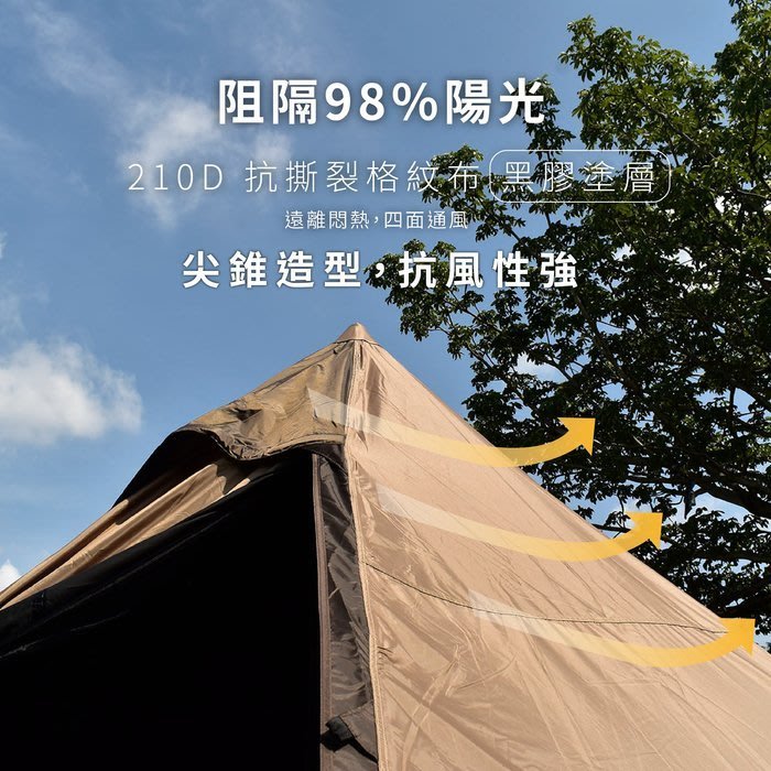 【Treewalker露遊】黑膠印地安帳 錐形帳 金字塔帳 四人帳 黑膠帳 六角帳篷 內外帳分離 塔帳 戶外露營