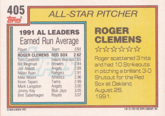 1992 Topps Roger Clemens #405 all star pitcher Red Sox